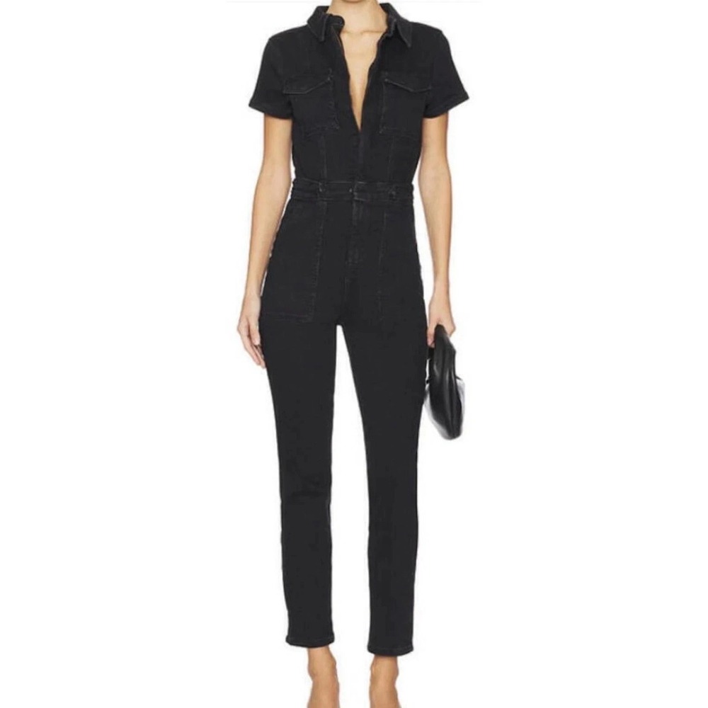 Good American Black Denim Short-Sleeve Jumpsuit